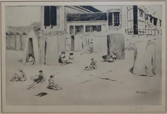 Theodore Roussell (1914-1989), etching, Bathers and beach huts, signed in pencil, 23 x 36cm